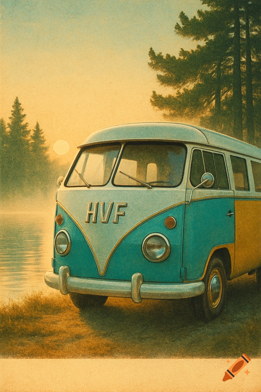 A vintage teal and white camper van with 'HVF' on the front, parked by a misty lake at sunrise with pine trees.
