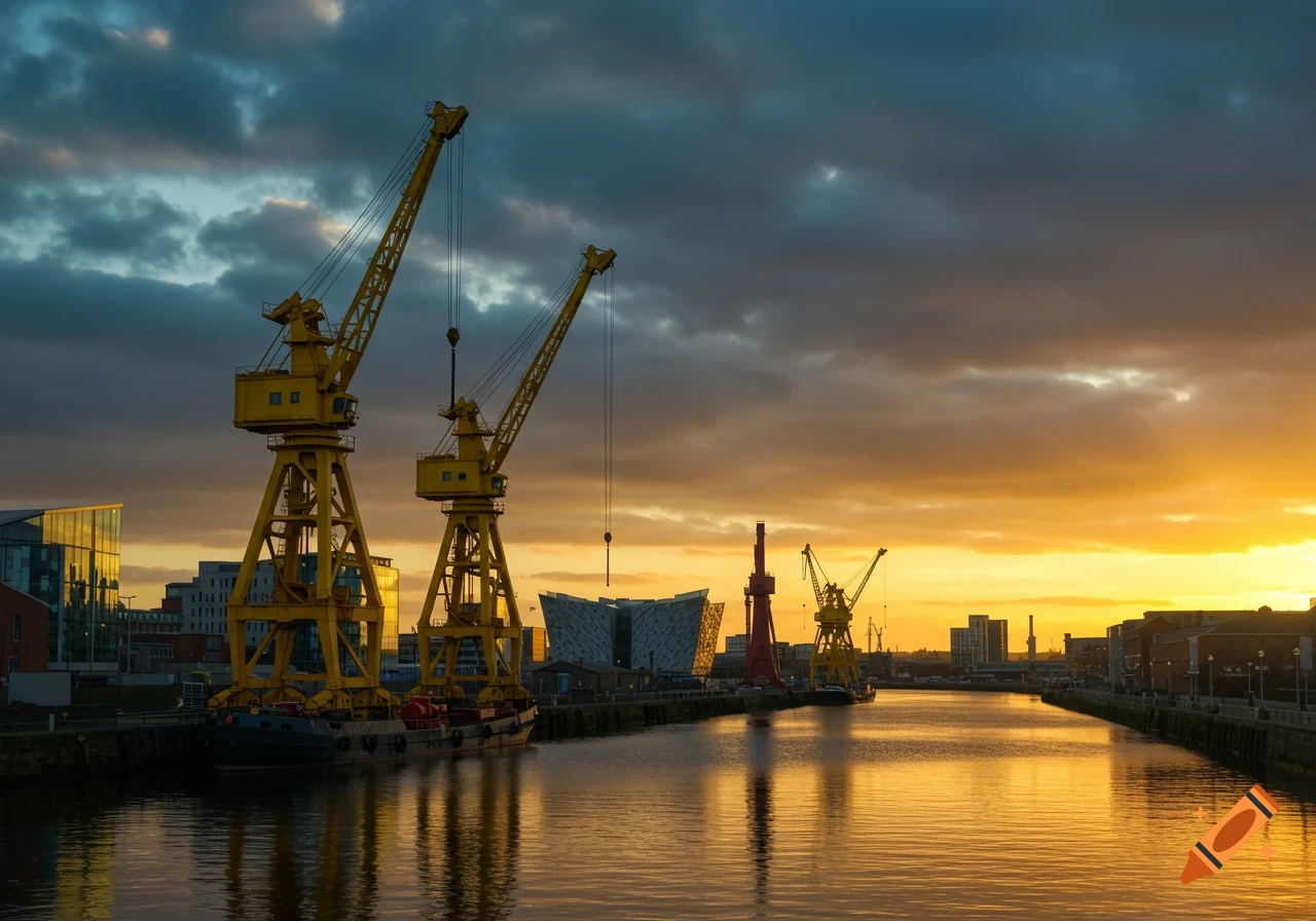 Industrial harbor with yellow cranes, city buildings, and still water reflecting a vibrant orange and dark blue sunset sky.