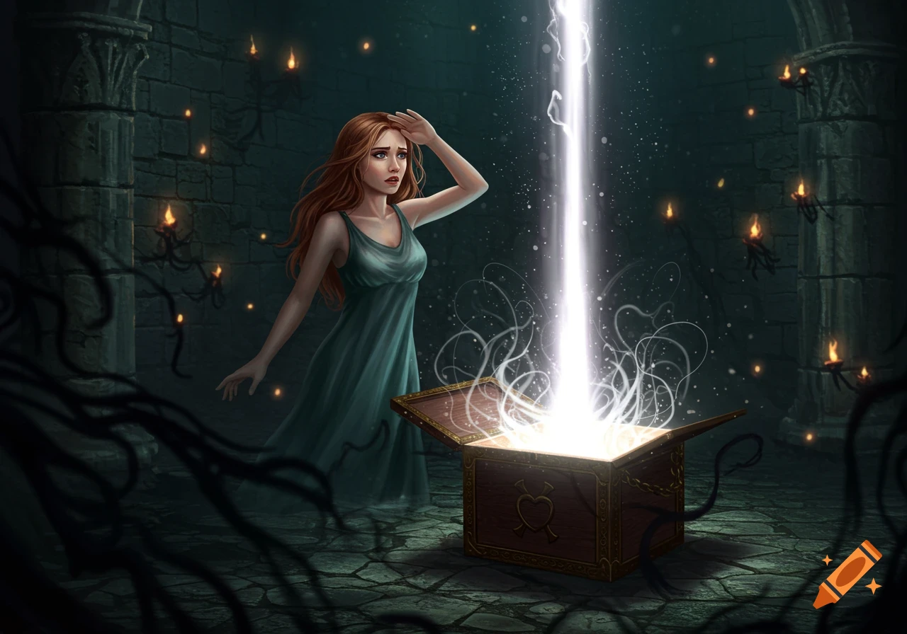 A fantasy illustration of a woman in a dark, ancient room reacting to a bright light and tendrils emerging from Pandora's Box.