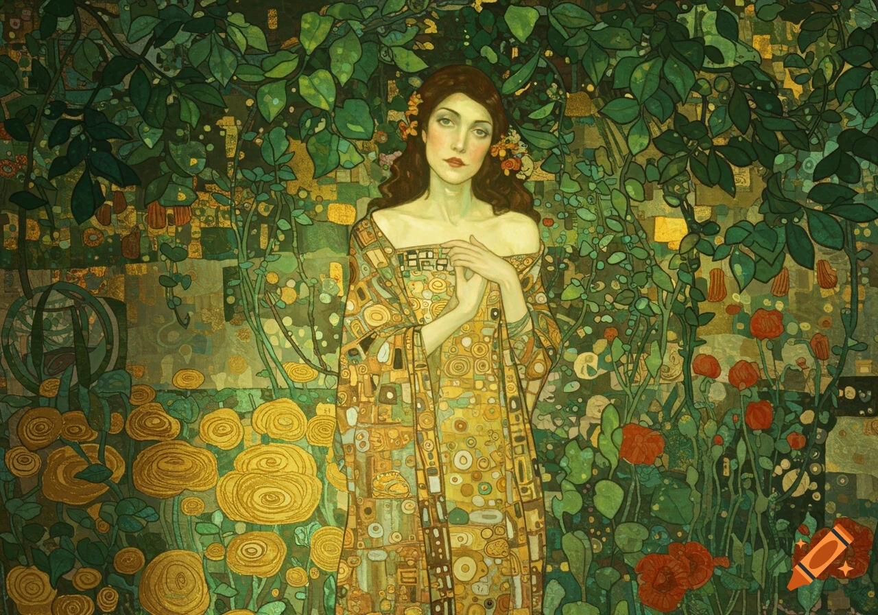 A Klimt-style painting of a woman in a golden patterned dress among green foliage and colorful flowers.