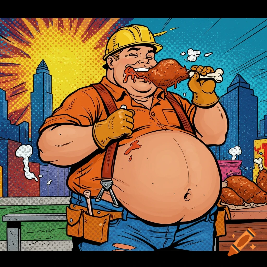 A smiling, overweight construction worker in pop art style enthusiastically eats a messy turkey leg in front of a city skyline.