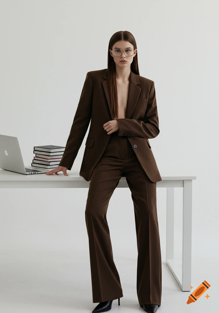 Confident woman in open brown pantsuit, luxury glasses, and heels, posing at white desk with laptop and books in minimalist studio.