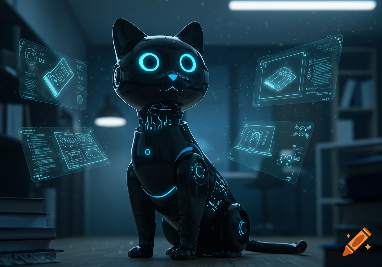 A sleek black robot cat with glowing blue eyes and circuitry sits amidst futuristic holographic displays and books.