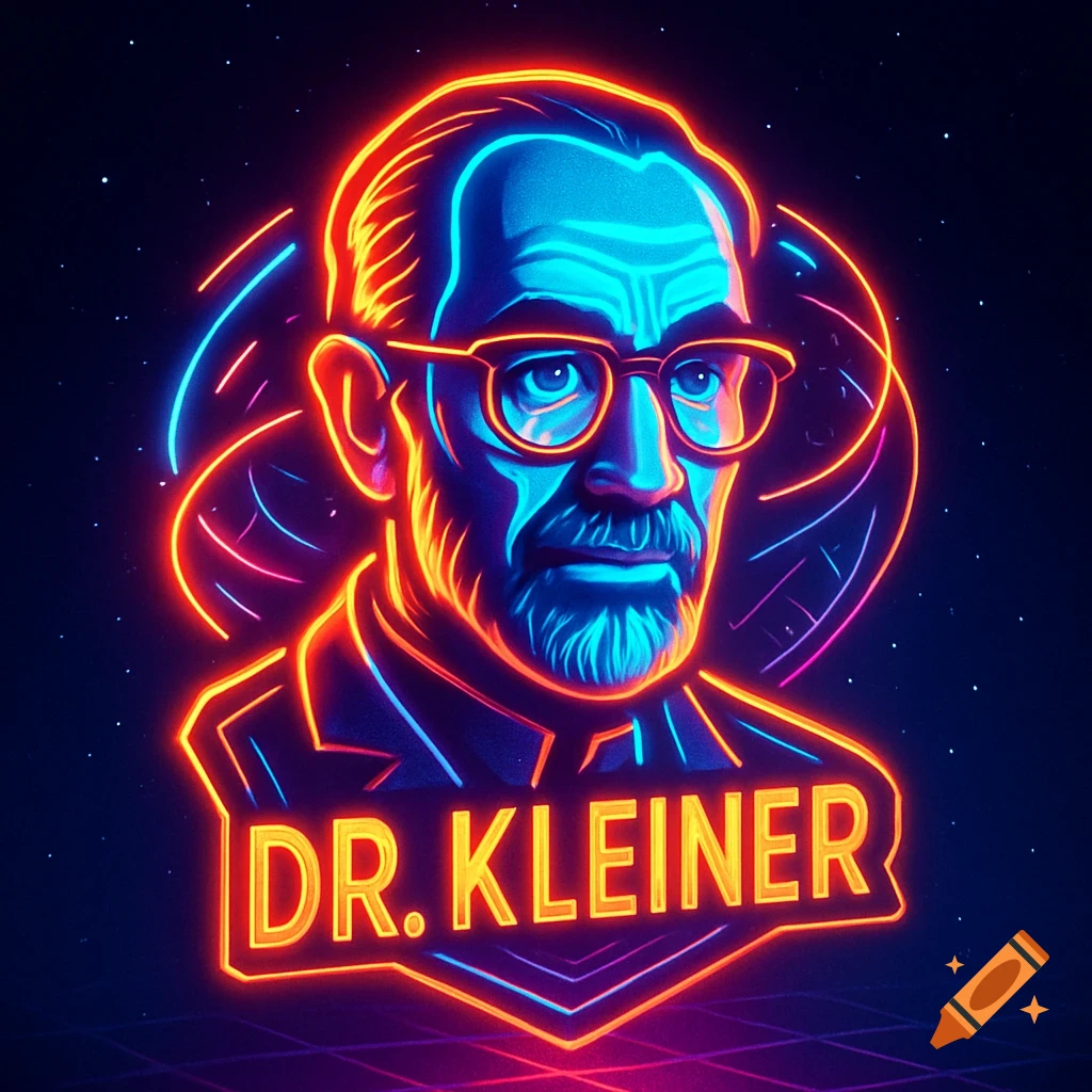 Neon art portrait of a bearded man in glasses, glowing blue and orange, with 'DR. KLEINER' text.