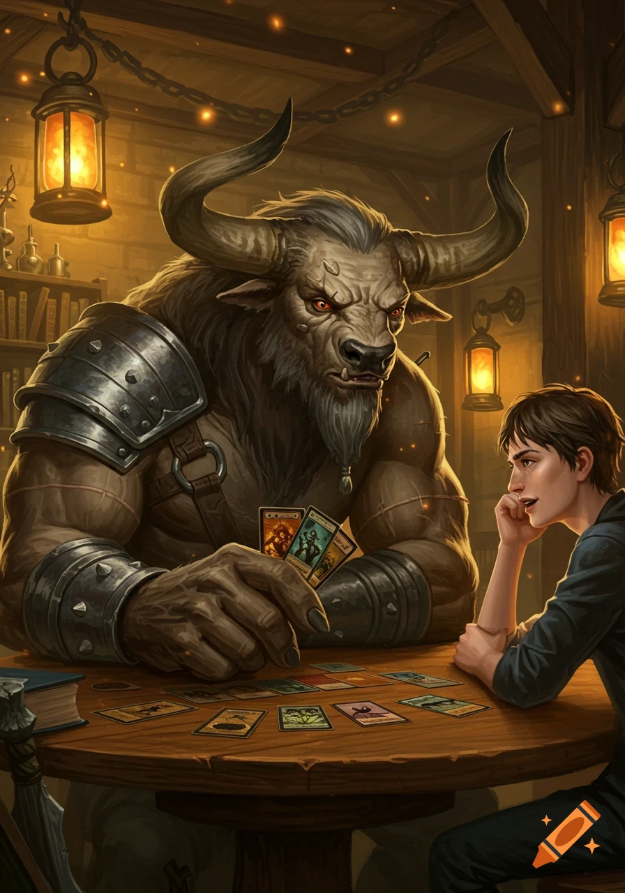 A fierce minotaur and a human opponent intently play a card game at a wooden table in a warm, lantern-lit room.