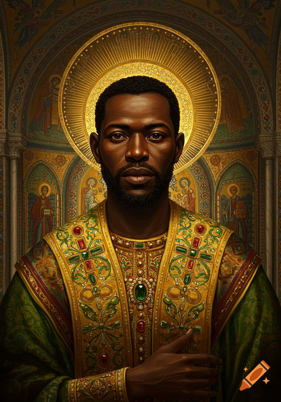Portrait of a Black man in a Byzantine-style golden and green jeweled robe with a halo against a mosaic background.
