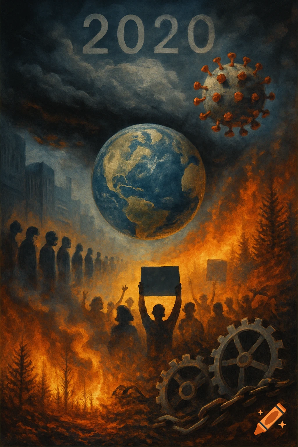 A dark, dramatic painting symbolizing 2020 with '2020' text, Earth, COVID virus, protesting crowds, and burning forests.