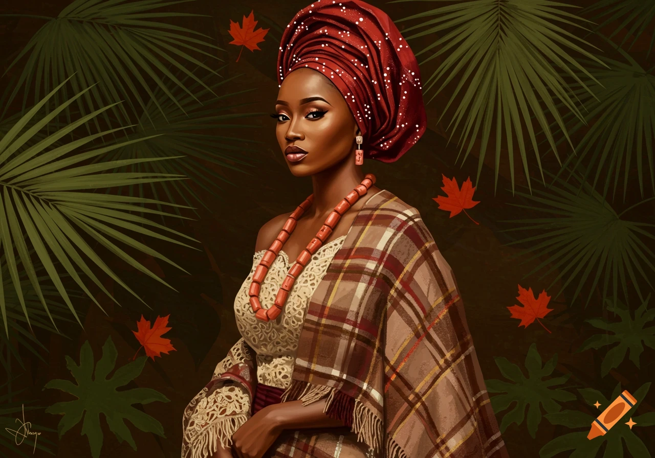 Illustrated portrait of a Nigerian woman in a red gele, coral beads, and plaid shawl against a lush green and red maple leaf background.