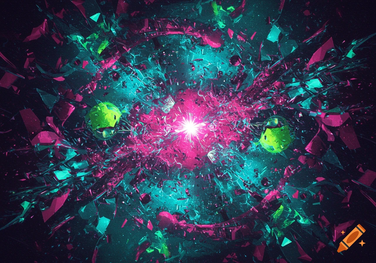 Abstract explosion of shattered pink and teal fragments with a bright white light in the center and two glowing green spheres.