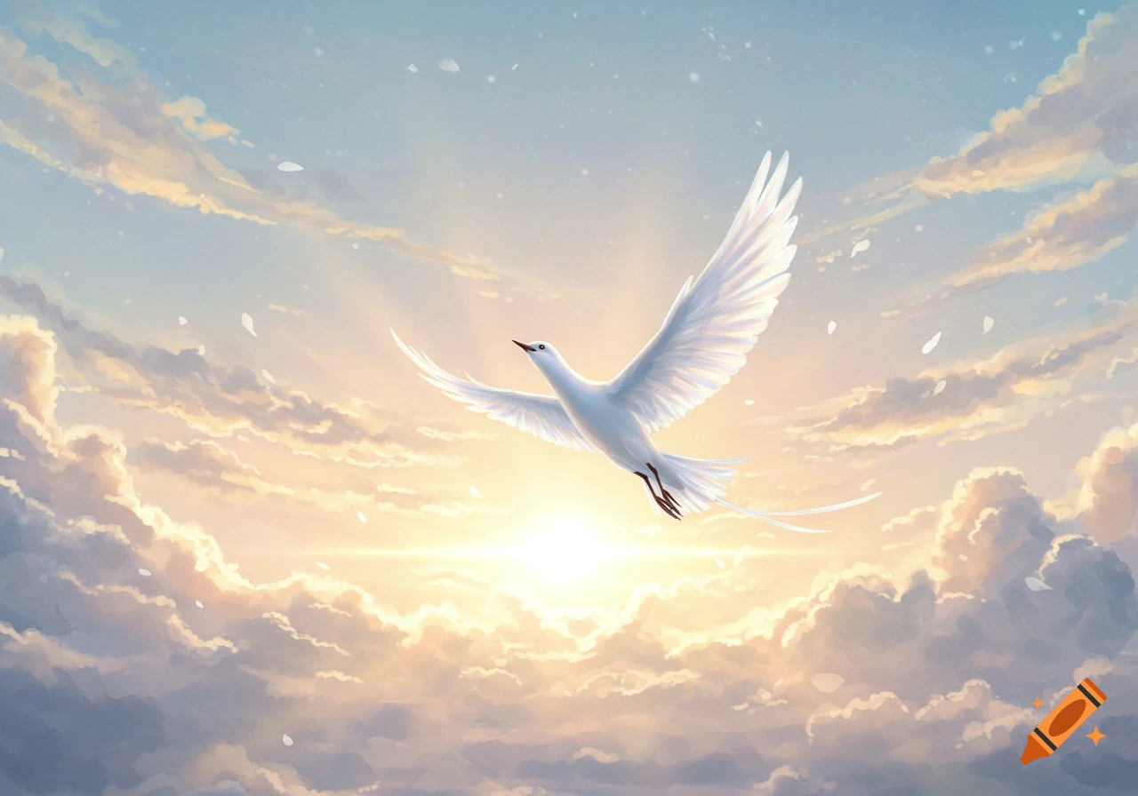 An ethereal white bird with long tail feathers flies upwards through a cloudy sky with a bright sunburst.