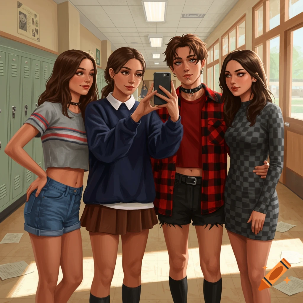 Four friends in a stylized illustration, posing for a selfie in a school hallway with lockers and windows.