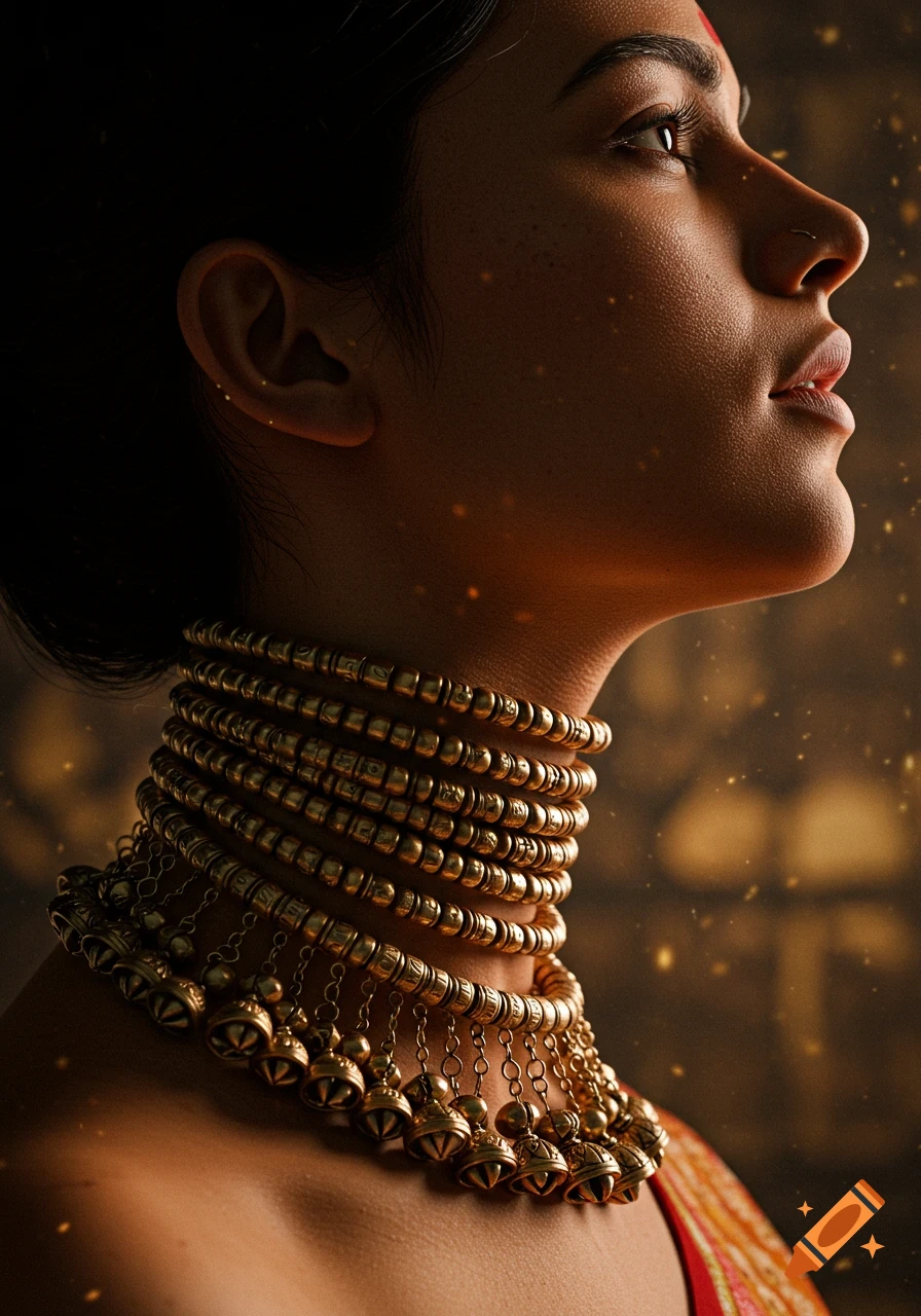 Close-up profile of a woman with dark hair, wearing an elaborate, heavy golden choker necklace with bells, looking up. The background is dark with glowing particles.