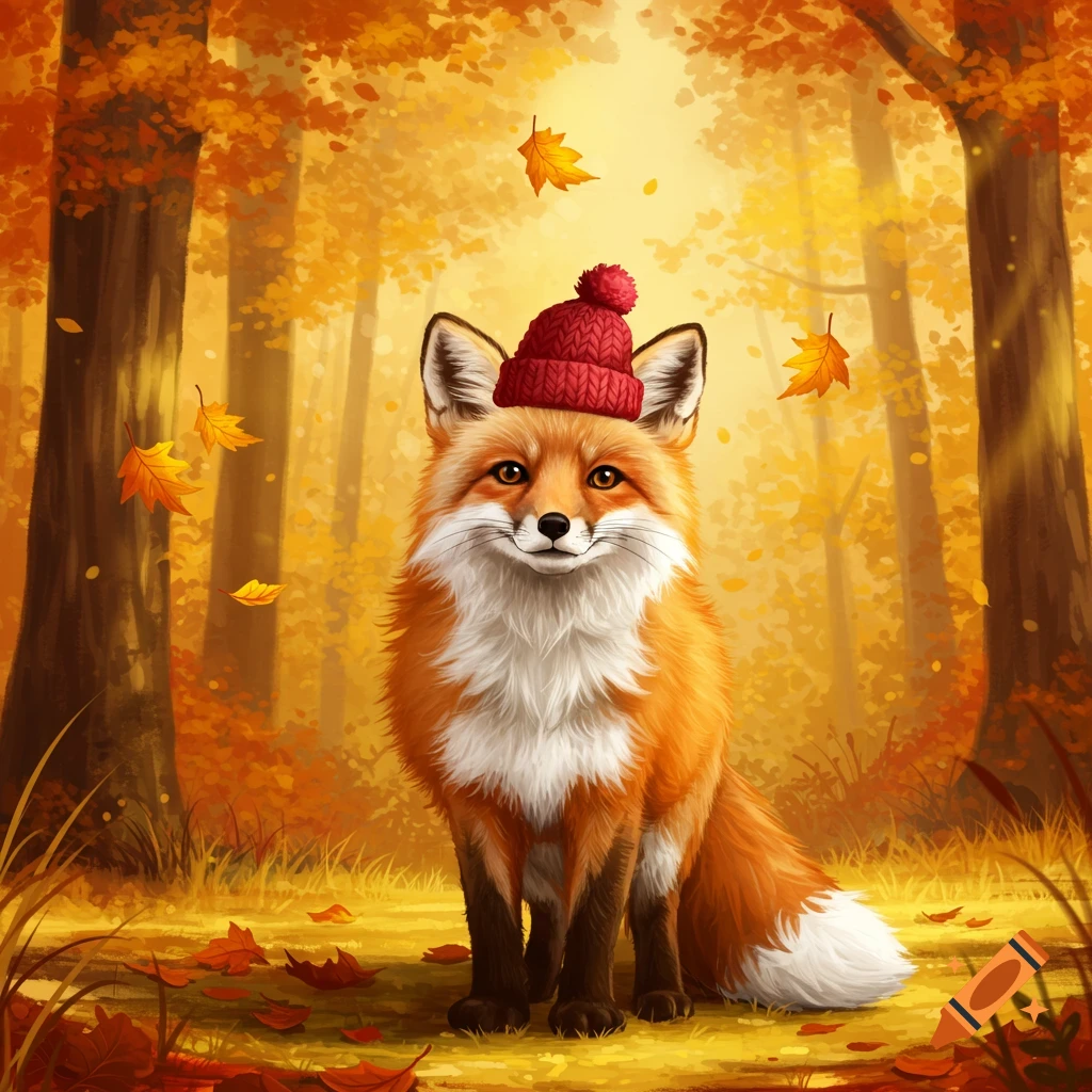 A cute orange fox wearing a red knit hat sits in a vibrant autumn forest with golden leaves. Digital illustration.