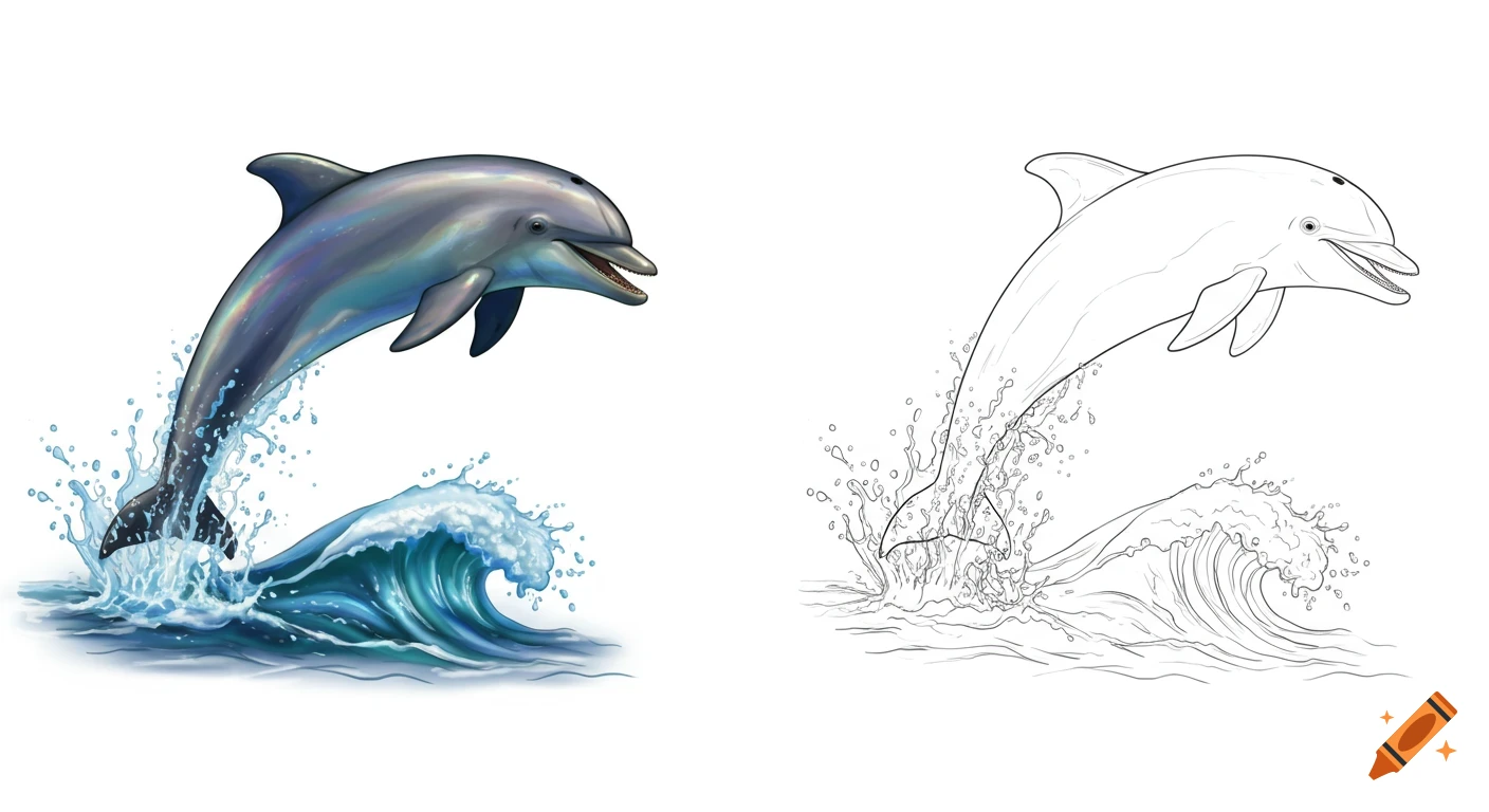 A colorful illustration of a dolphin leaping from blue waves on the left, next to a black and white outline of the same dolphin.