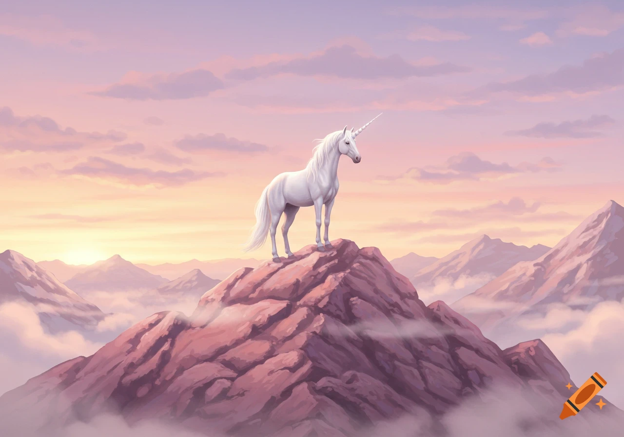 A white unicorn stands majestically on a pink mountain peak, surrounded by soft clouds and a pastel sunrise sky.