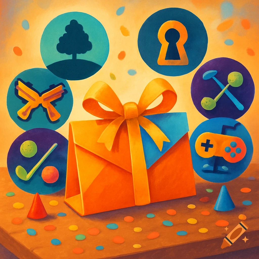 A vibrant illustration of an orange gift box with a yellow bow, surrounded by circular icons representing activities and confetti on a table.