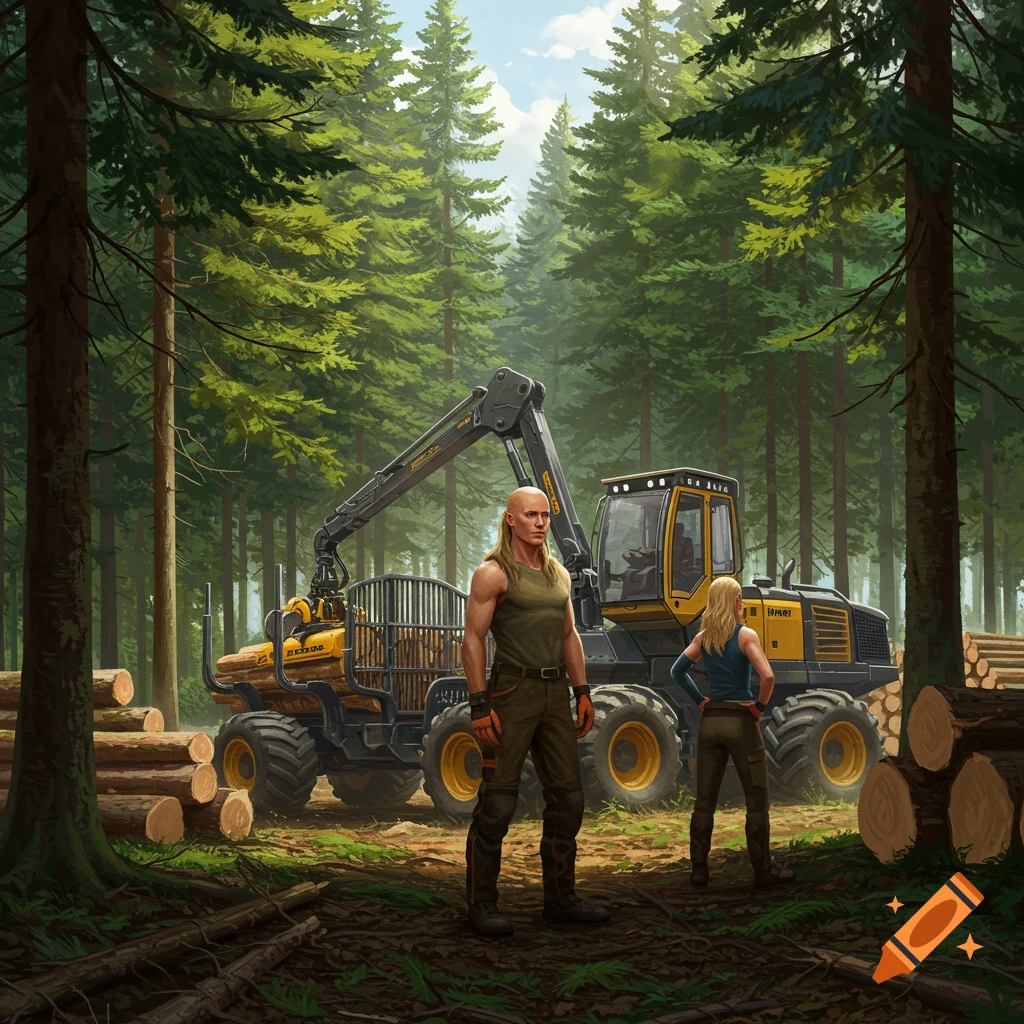 An illustrated scene of a man and woman in a lush spruce forest with yellow and black logging machinery and stacked logs.