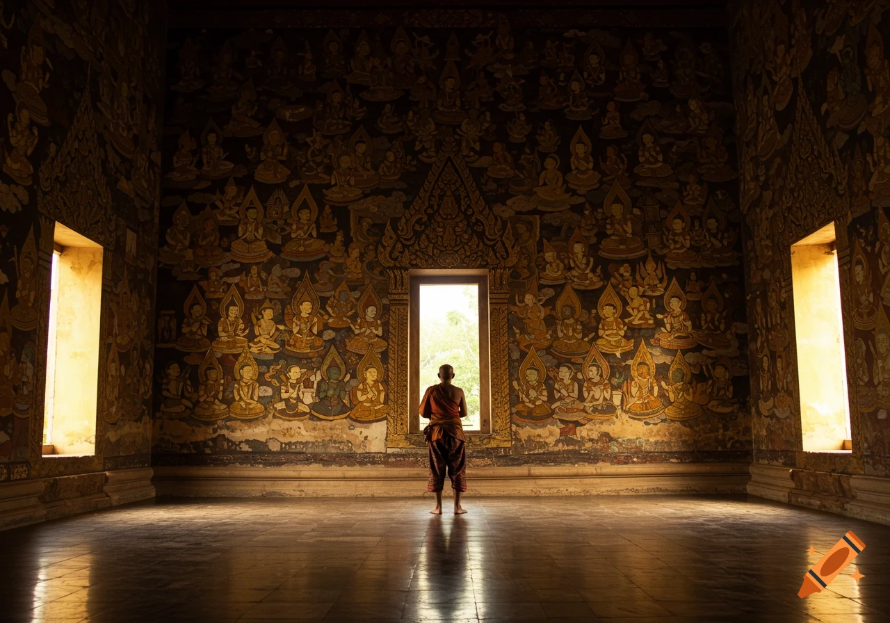 A person in monastic robes stands facing a bright window in an ancient Buddhist temple, its walls covered in intricate, gold-colored murals.