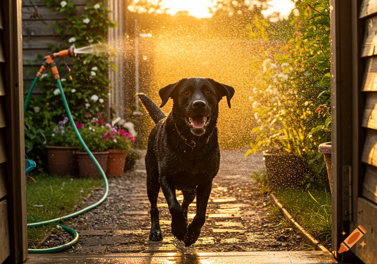 A wet black Labrador retriever runs toward the viewer, through golden hour sunlight and water spray in a garden.