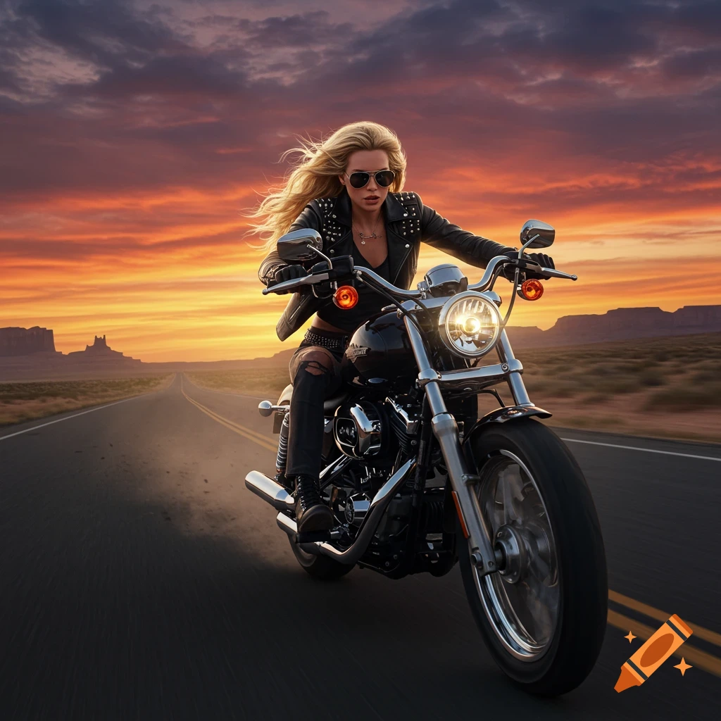 Blonde woman in a leather jacket and sunglasses rides a black motorcycle down a desert highway at sunset. The sky is a vibrant orange and purple.
