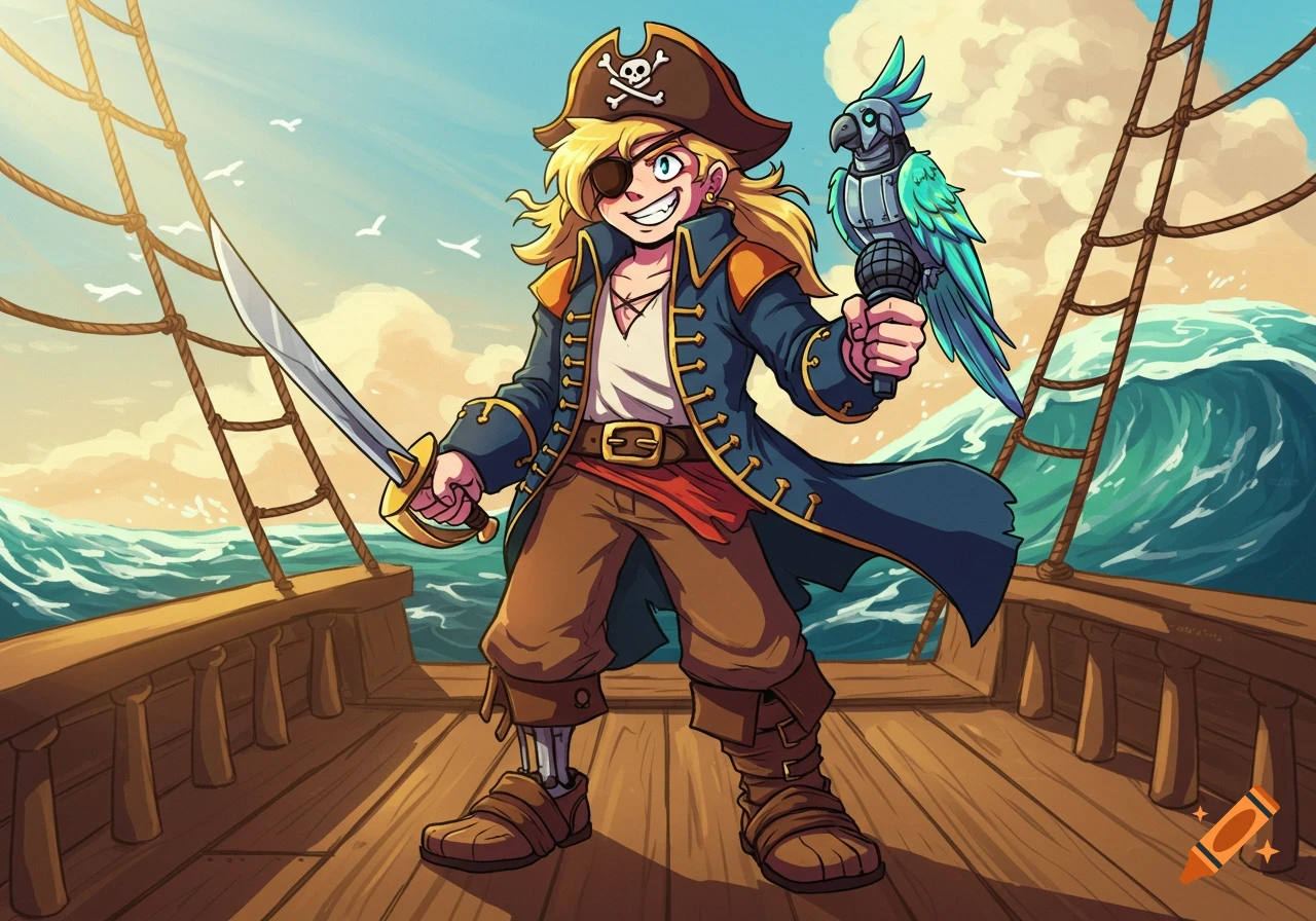 A stylized cartoon pirate with an eye patch, long blond hair, a sword, and a robot parrot with a microphone stands on a ship deck. Waves crash behind them under a cloudy sky.