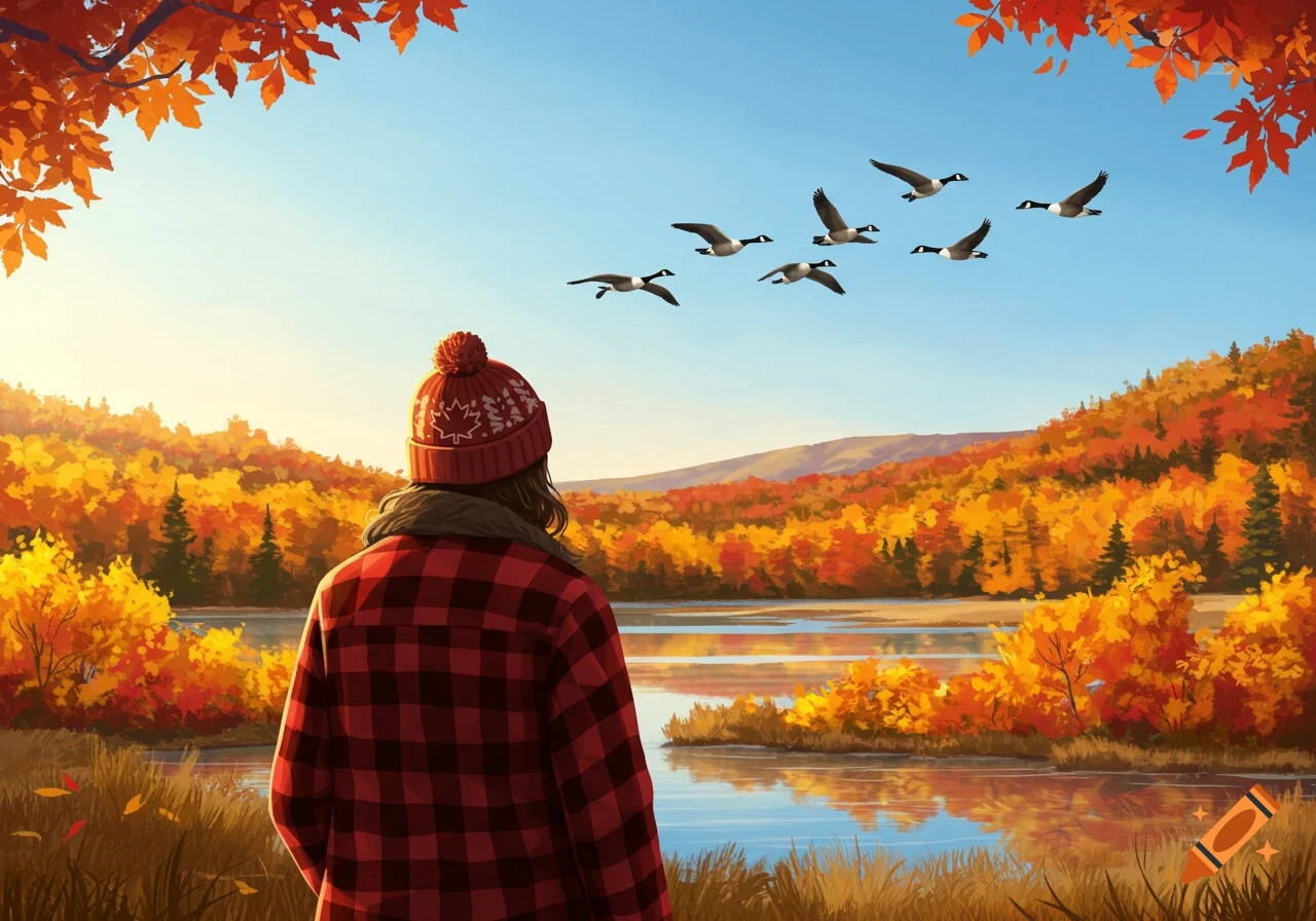 Illustrative painting of a person in plaid and a maple leaf beanie looking at geese flying over an autumn lake and forest.