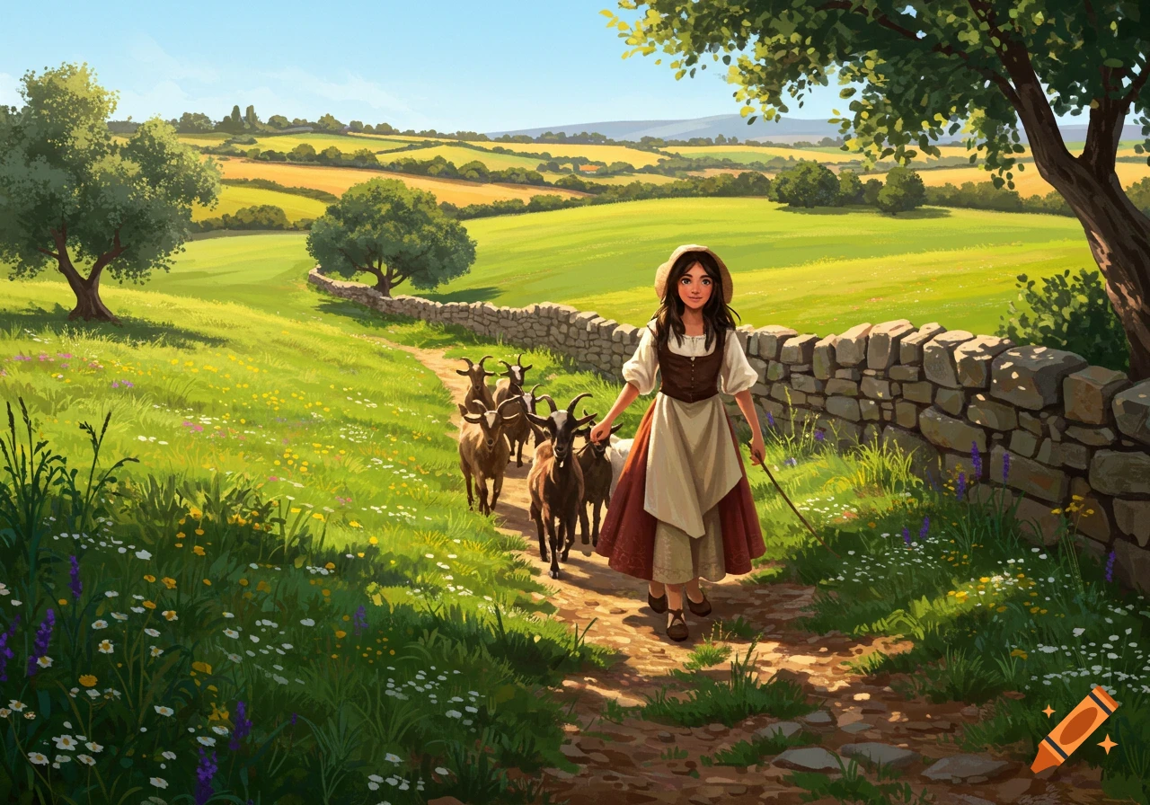 A young girl in a straw hat herds goats on a path through a vibrant green, hilly landscape with a stone wall, painterly style.