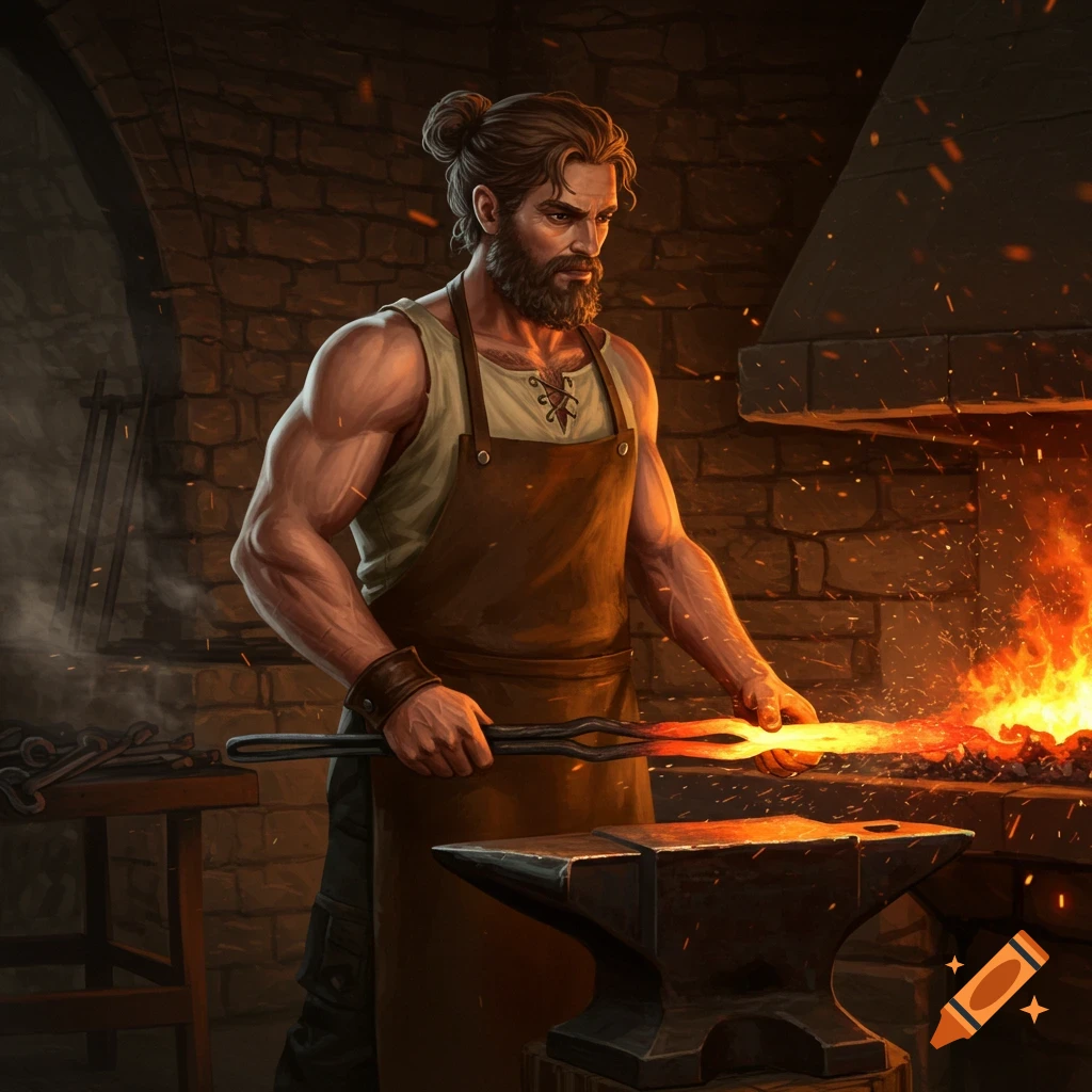 A strong medieval blacksmith with a bun and beard works a glowing hot metal piece on an anvil in a stone forge.