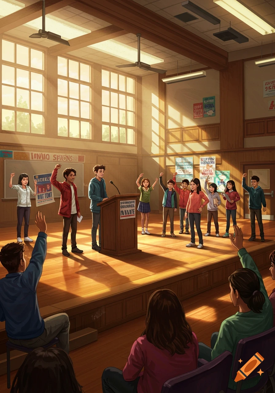 Illustrated scene of students in a school auditorium, some on a stage with a podium, others raising fists or hands.