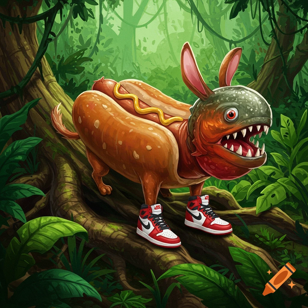 A surreal cartoon hot dog-dog-piranha hybrid creature with bunny ears and Air Jordans stands on a tree root in a lush jungle.