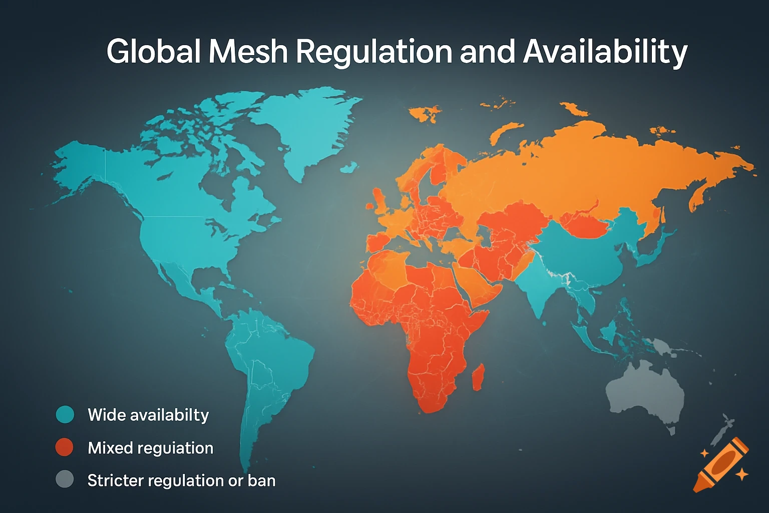 A world map titled 'Global Mesh Regulation and Availability' shows regions with wide availability (teal), mixed regulation (orange), and stricter regulation or ban (grey).