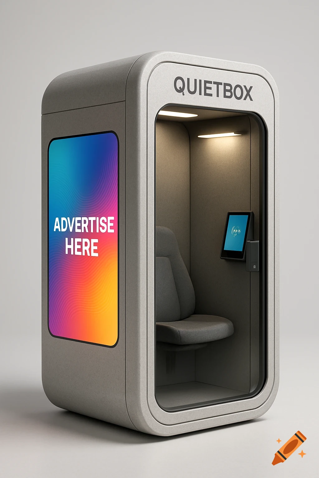 A modern, light gray quiet pod with rounded edges, a transparent door, an interior seat, and a side advertising screen displaying 'ADVERTISE HERE'.