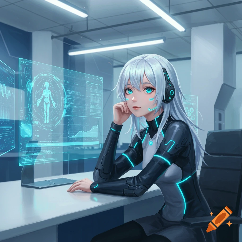 An anime girl with white hair and glowing blue eyes sits at a desk, looking at holographic sci-fi screens in a futuristic lab.
