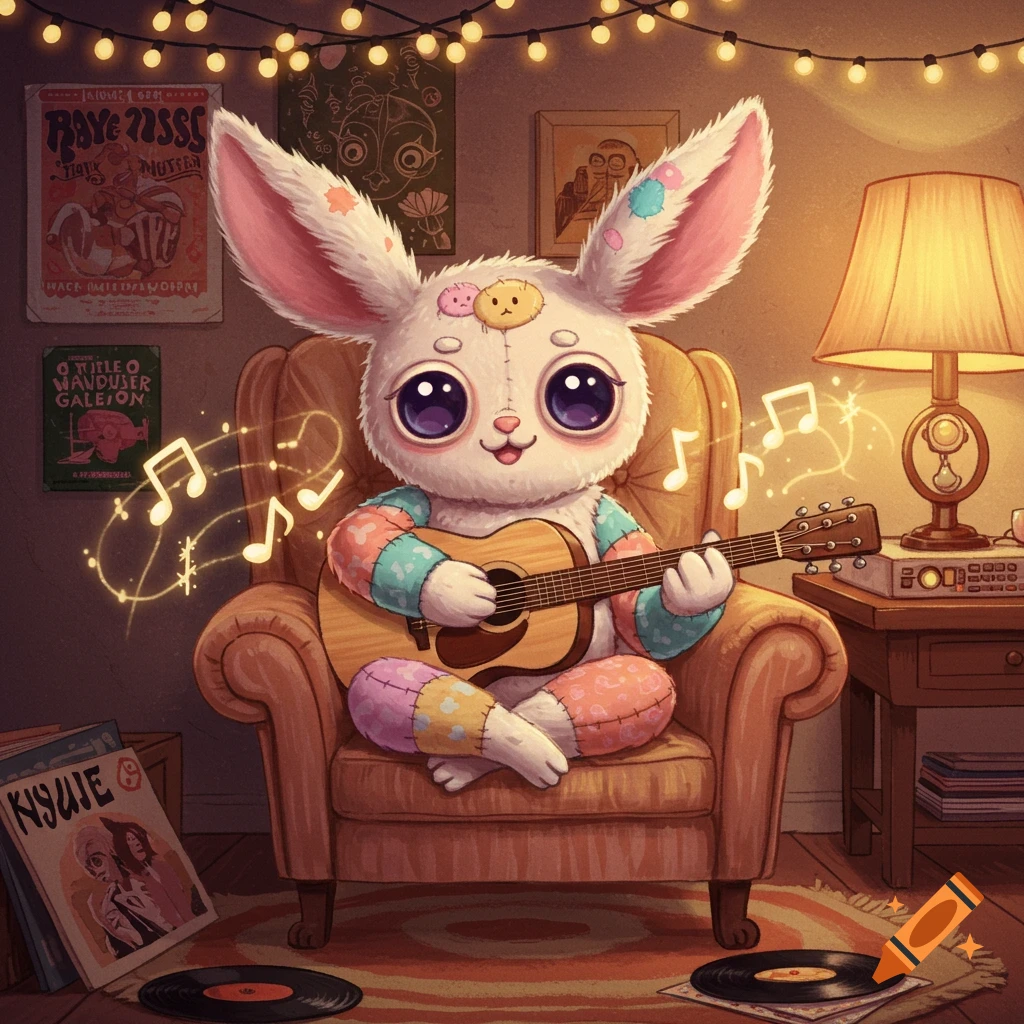 A cute, plush-toy-like bunny creature with large eyes sits in an armchair playing an acoustic guitar, surrounded by string lights and records in a cozy room.