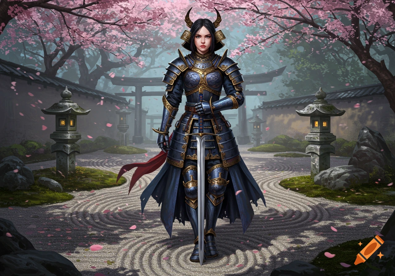 A female samurai warrior in ornate blue and gold armor stands with a sword in a tranquil Japanese garden with pink cherry blossoms and torii gates.