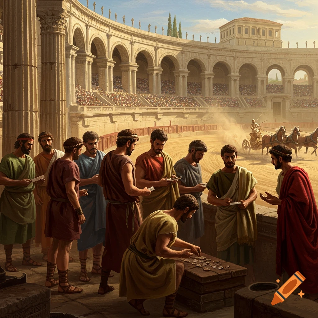 A painting of men in Roman tunics making bets at a Hippodrome during a chariot race.