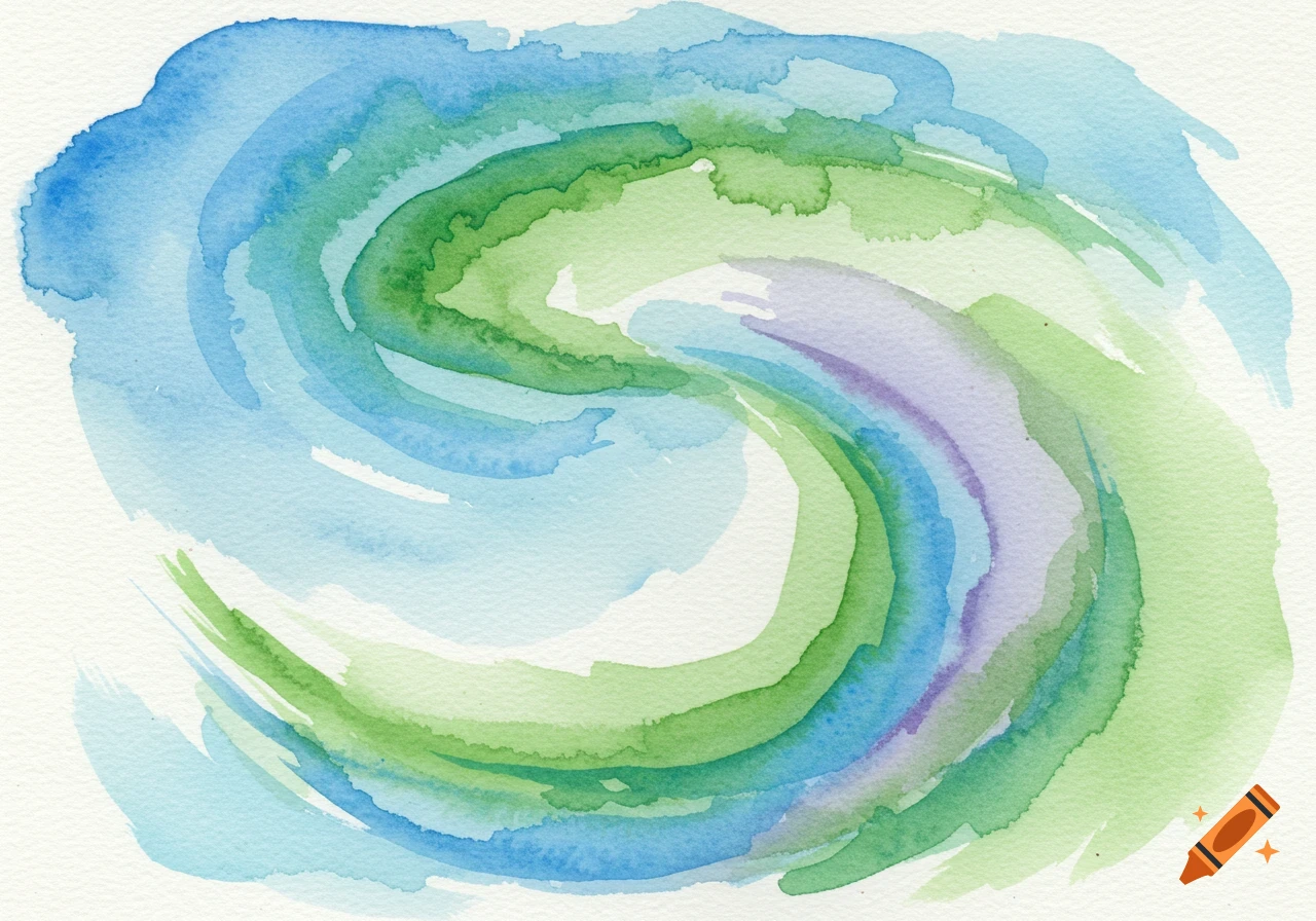 Abstract watercolor painting with swirling blue, green, and purple brushstrokes on textured paper.