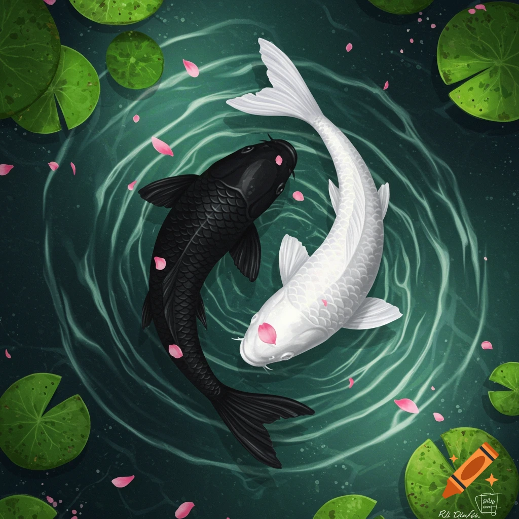Illustrative overhead view of two koi fish, one black and one white, swimming in a dark green pond with lily pads and pink petals.