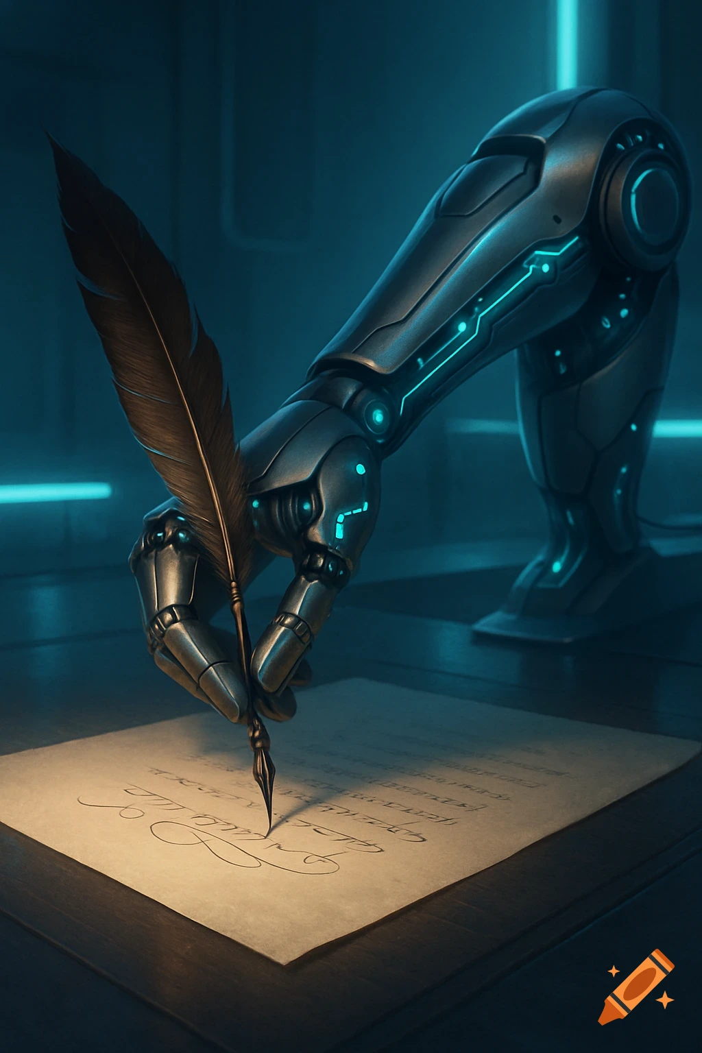 A futuristic robotic arm with glowing blue lights holds a quill pen, writing on paper on a dark desk.
