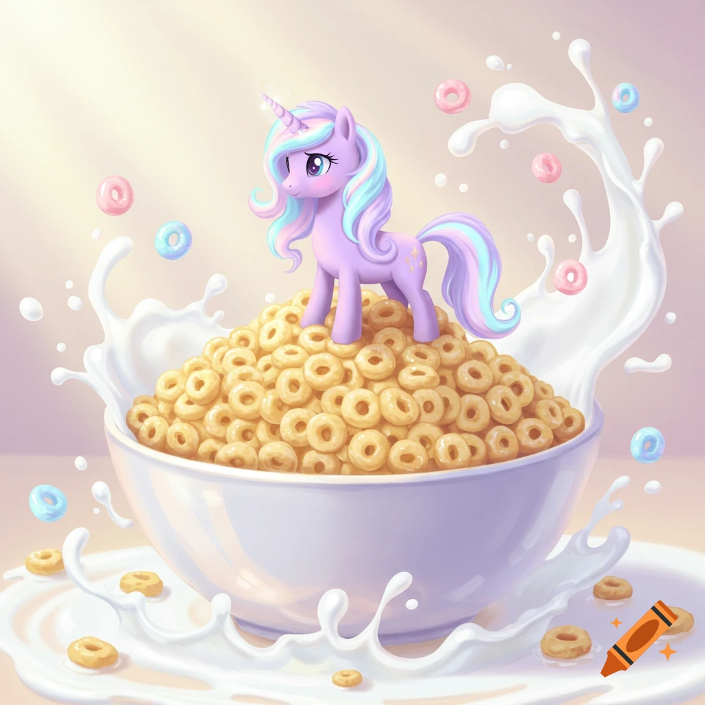 Cute pastel unicorn with rainbow mane stands on a bowl of golden cereal rings with milk splashing. Illustrated.