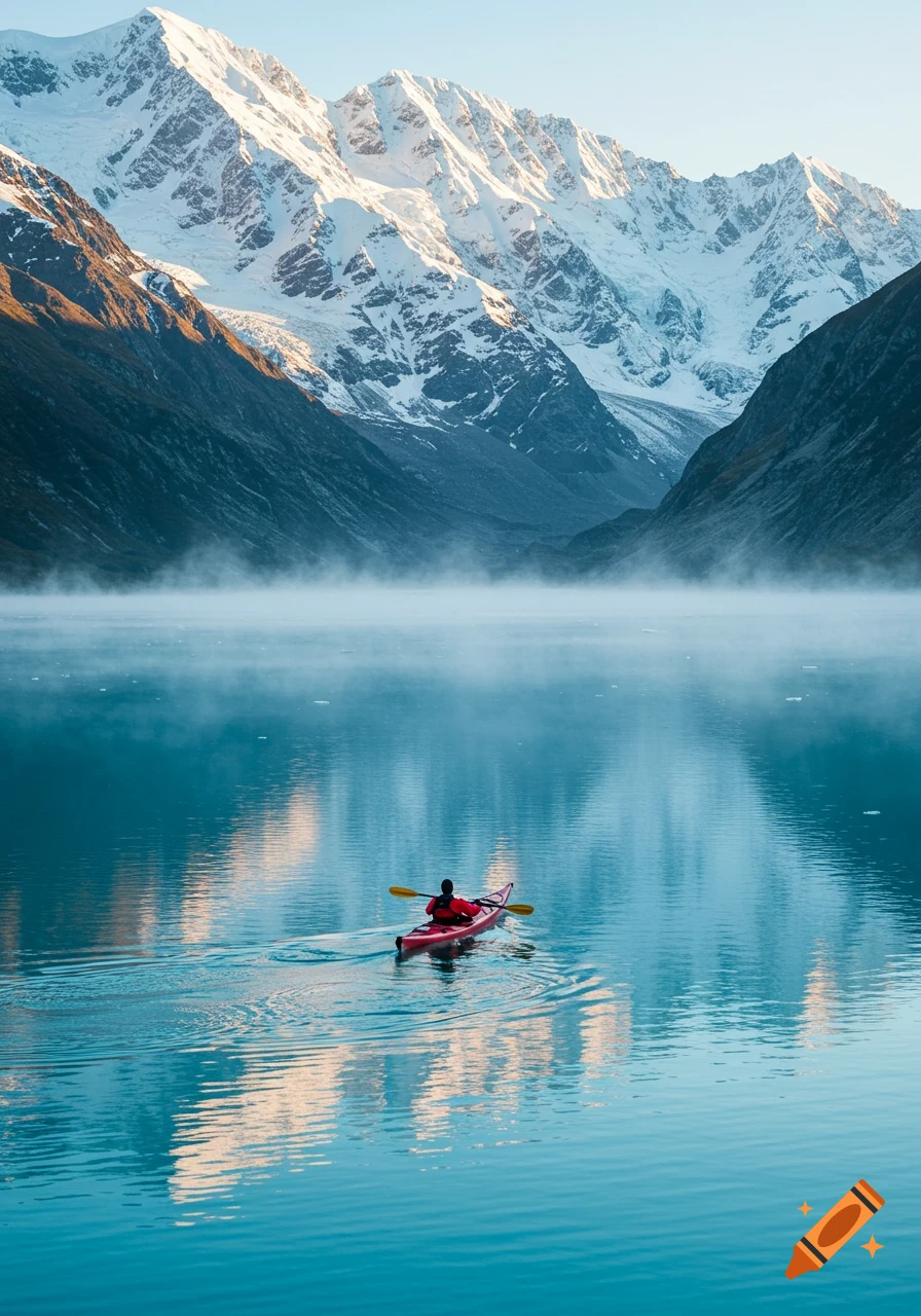 A person in a red kayak paddles across a foggy blue lake, surrounded by towering snow-capped mountains.