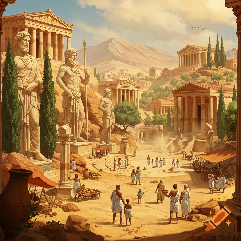 Bustling ancient Greek city with grand temples, large statues of gods, and people in a hot, dusty landscape.
