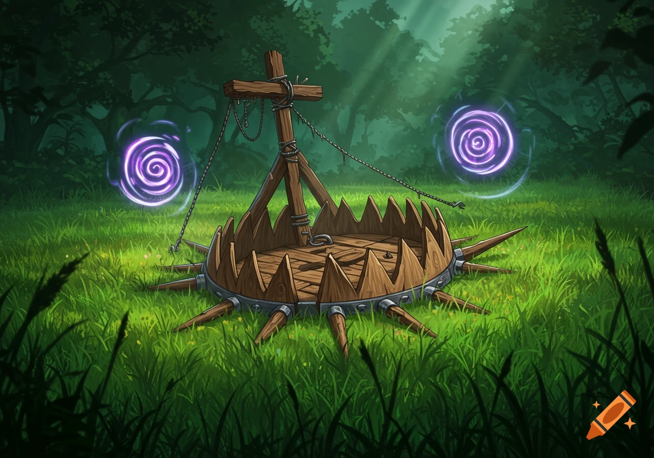 A stylized wooden trap with spikes and a cross-shaped bait holder sits in tall green grass within a dark forest, with two glowing purple spirals.