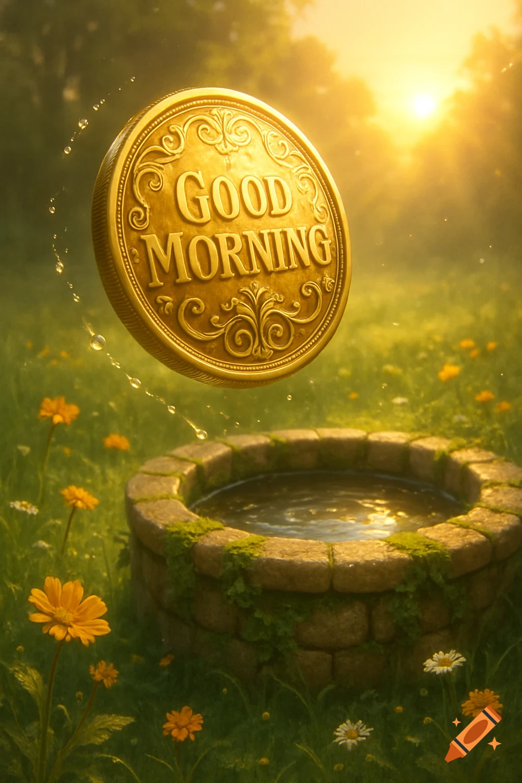 A golden coin with 'GOOD MORNING' embossed on it floats above a mossy stone wishing well in a sunny, green field with flowers.