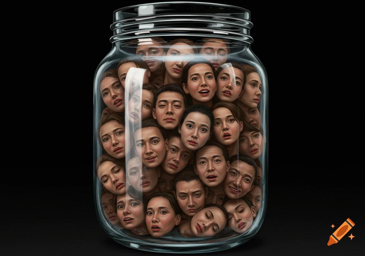 Photorealistic glass jar filled to the brim with many diverse human faces, some pressed against the glass, on a black background.