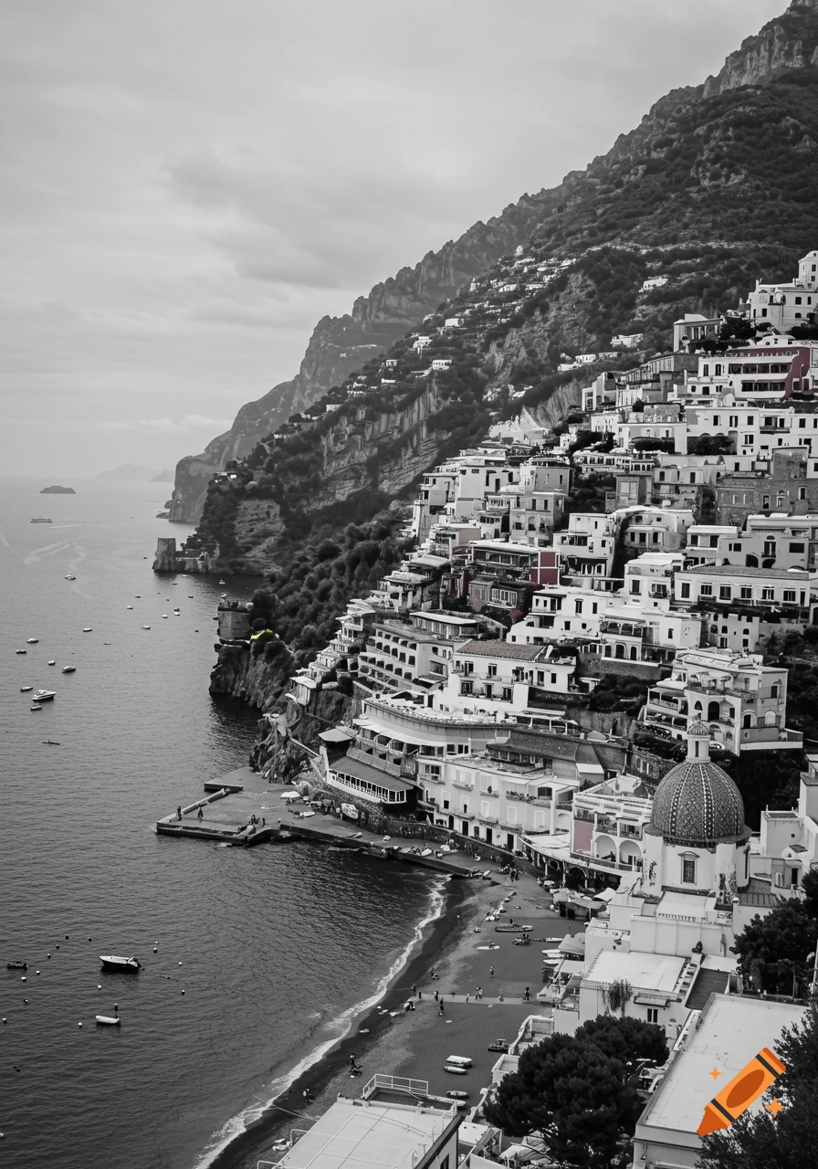 High-angle view of Positano, Italy, a coastal town with white buildings on a steep hillside, in black and white with selective red accents.