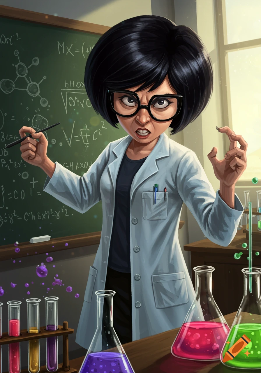 An angry, cartoon female professor with dark bob hair and glasses, in a lab coat, gestures at a blackboard and holds an object in a colorful science lab.
