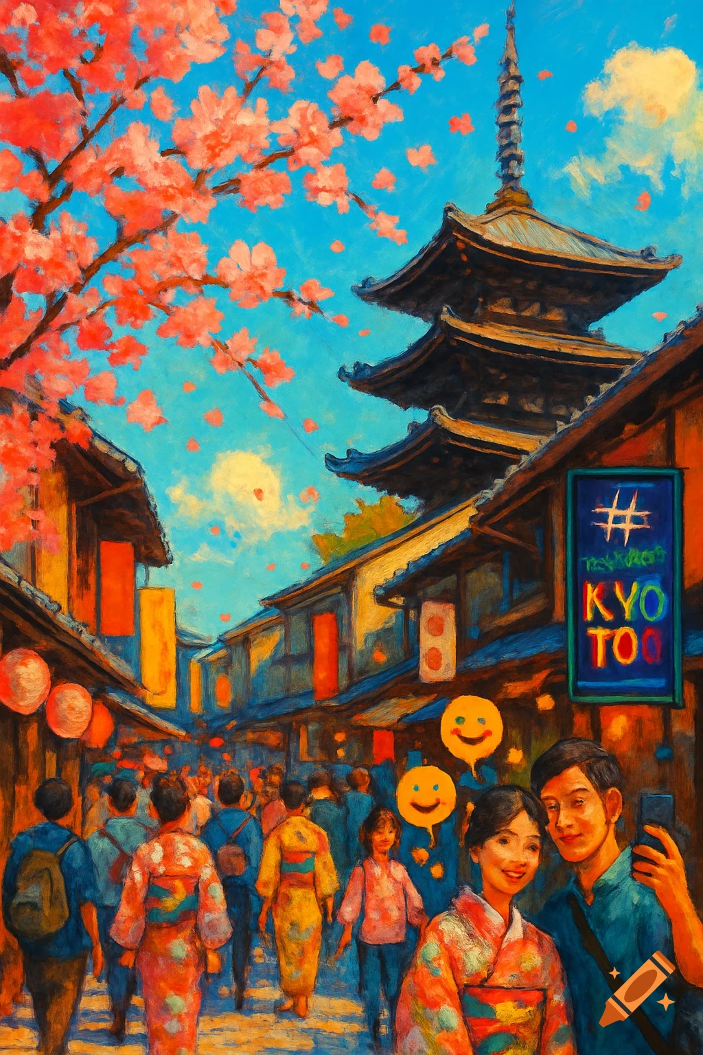 A vibrant impressionistic painting of a bustling Japanese street scene with a pagoda, cherry blossoms, and people, some holding emoji balloons. A sign reads #KYOTO.