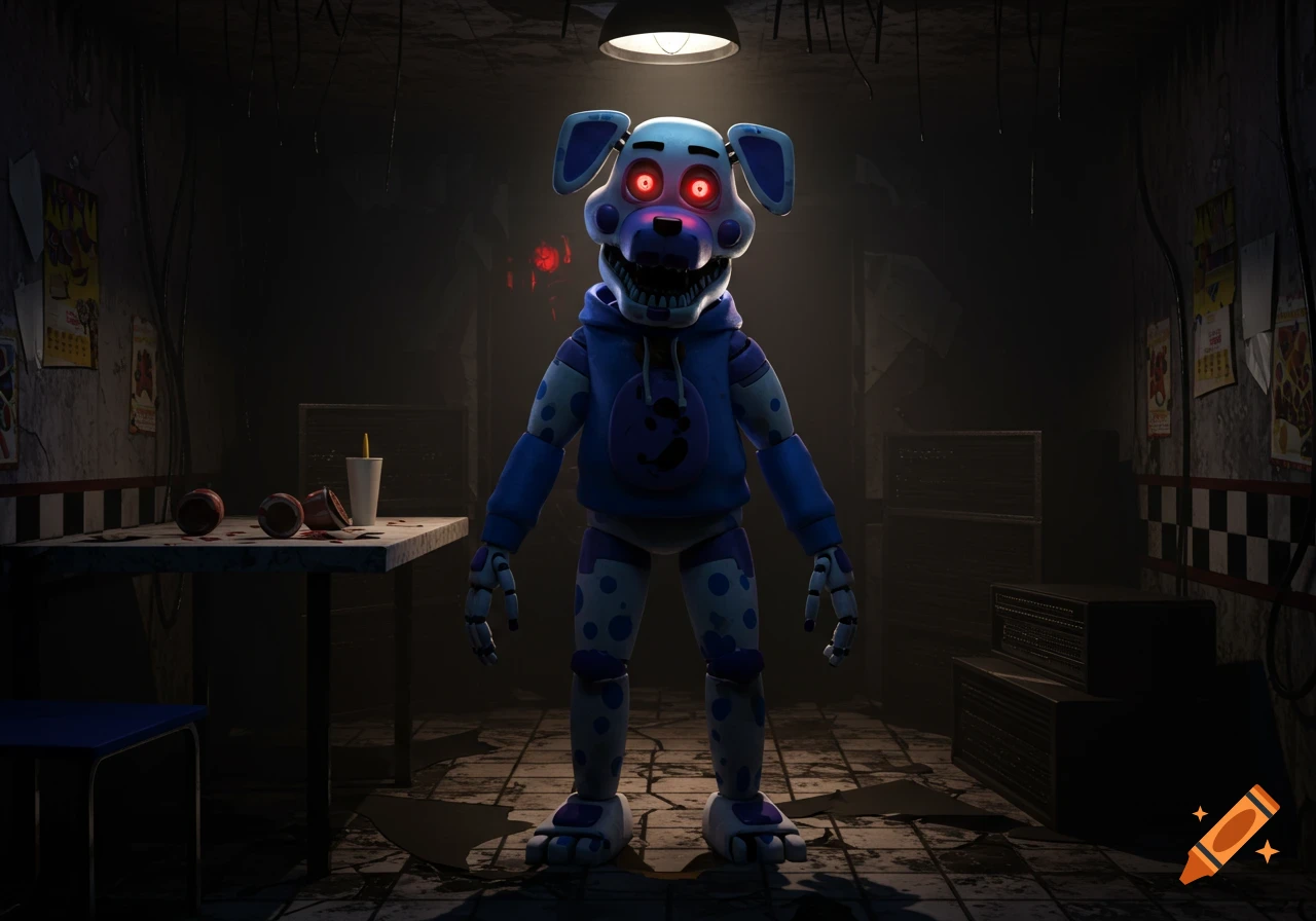 A creepy blue-spotted animatronic dog with glowing red eyes and a blue hoodie stands in a dark, abandoned pizzeria.