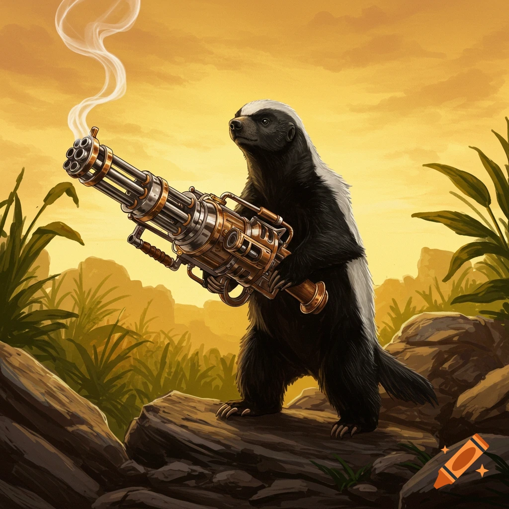 A stylized badger stands on rocks, holding a smoking steampunk Gatling gun in a jungle landscape under a golden sky.